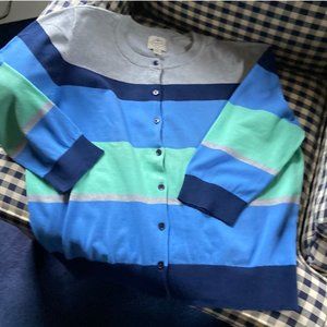 EUC St. John's Bay Blue, Mint and Gray Striped Cardigan Sz PXL
